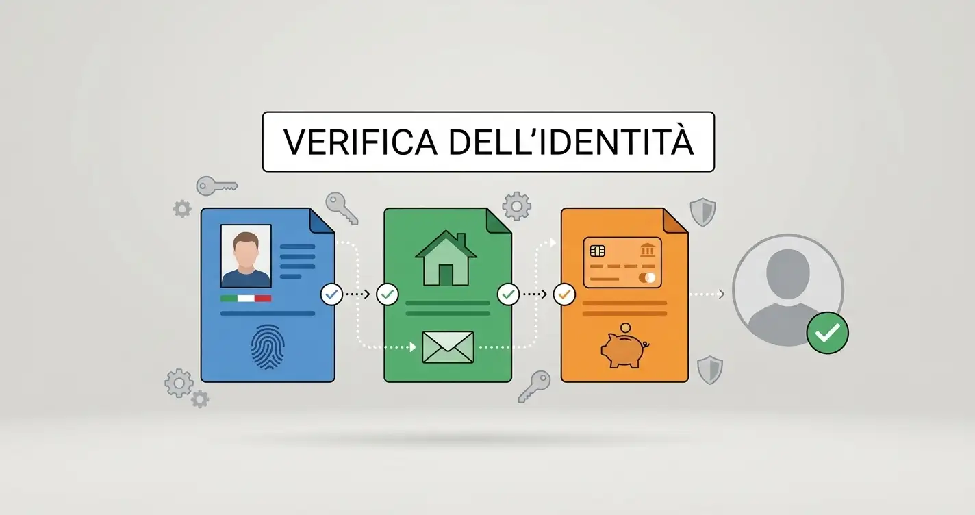 Illustrazione informativa astratta di verifica account con documento, indirizzo e metodo di pagamento