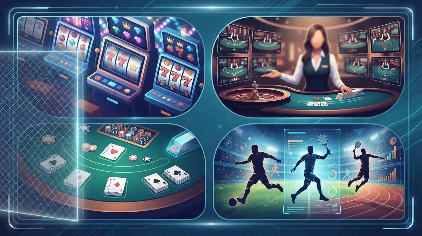 Illustrazione astratta di slot, tavolo live, carte e area sportiva senza loghi o interfacce reali