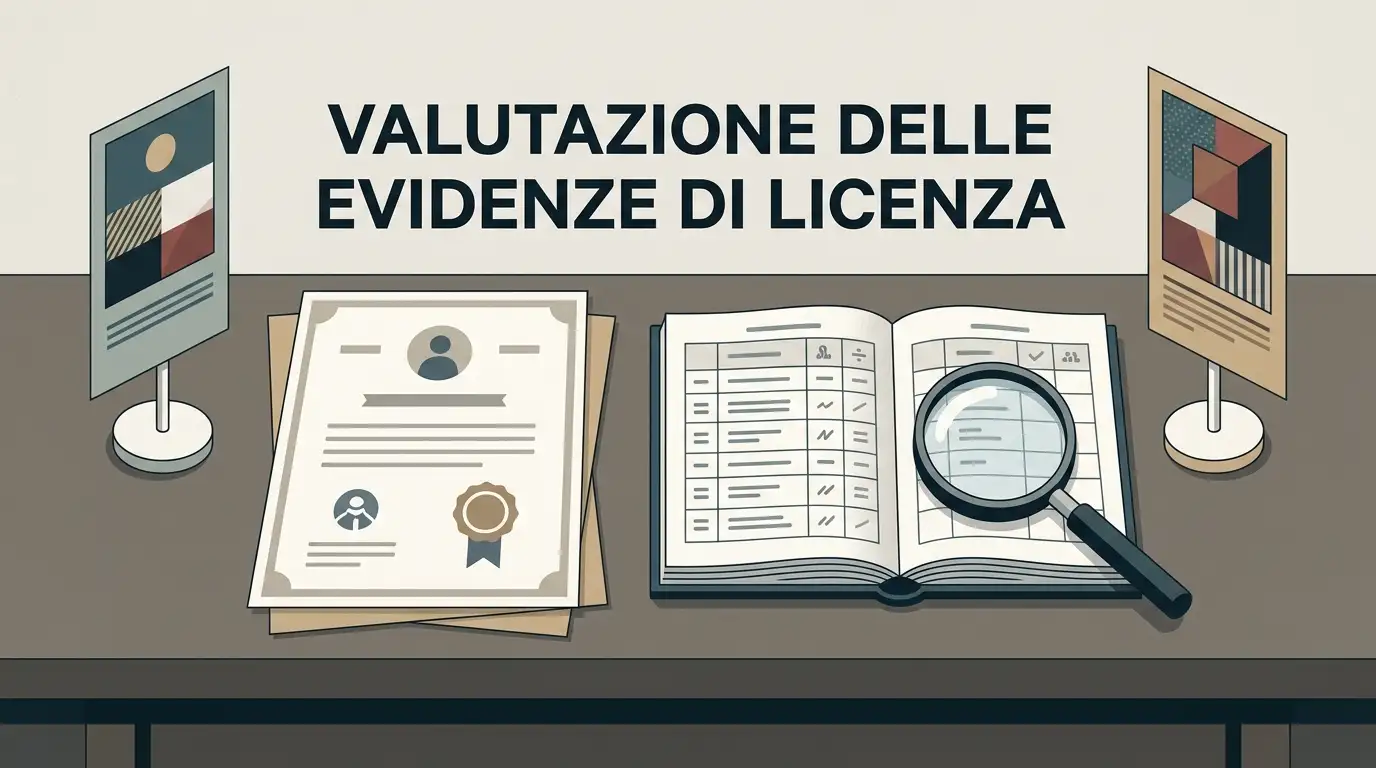Illustrazione informativa astratta di confronto tra registro di licenza, regolatore e controlli di affidabilità